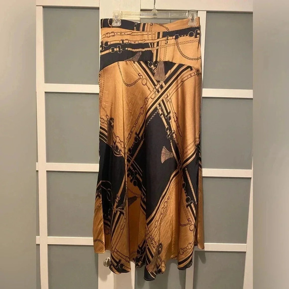 Ann Taylor Navy/Gold Equestrian Midi Silk Satin Feel A-Line Skirt Women’s 2 NWOT - Picture 4 of 14